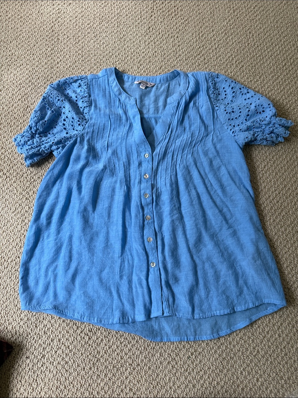Nannette Sky Blue Button-Front Eyelet Sleeve Blouse